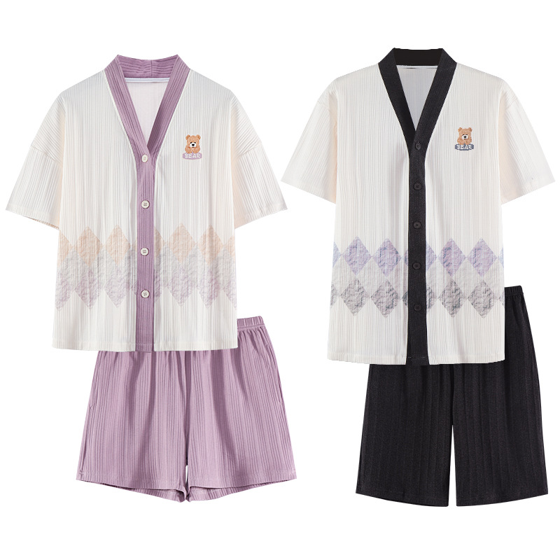 2024 verano pareja pijama de algodón cardigan de manga corta suelta ropa de casa de tamaño grande para hombres y mujeres juegos de camiso