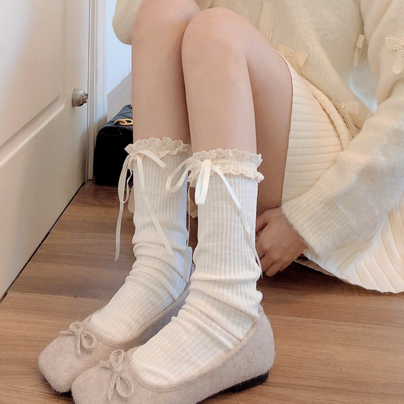 Calcetines de pantorrilla de encaje blanco para mujeres otoño y invierno gruesas calcetines de pila gris mediana calcetines de arco marrón