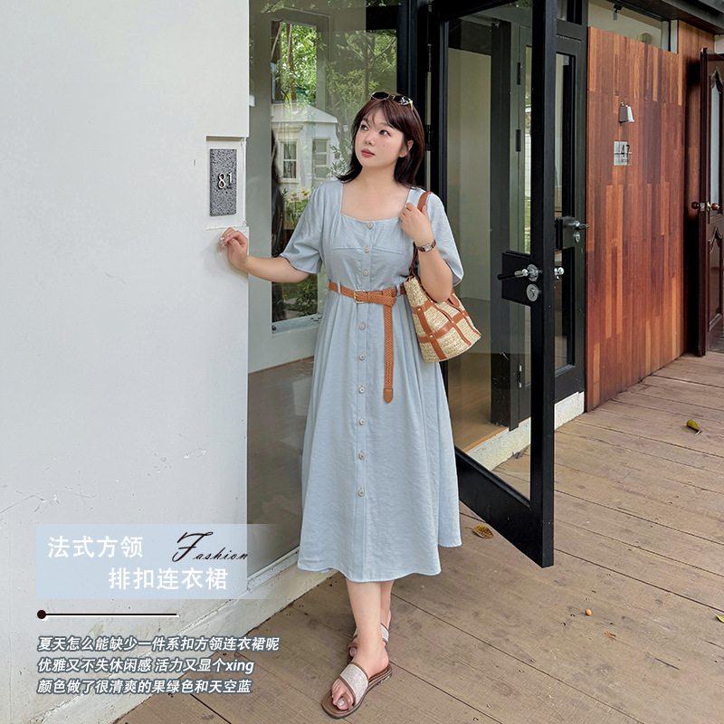 双天2025夏季新款胖mm大码连衣裙200斤法式方领排扣连衣裙8972 双天2025夏季新款胖mm大码连衣裙200斤法式方领排扣连衣裙8972
