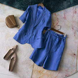 日式精工立体剪裁显瘦挺括亮蓝色调短袖西装短裤夏季新款套装女