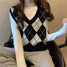 韩国东大门春装2023新款格子无袖V领毛线针织外穿背心马甲女