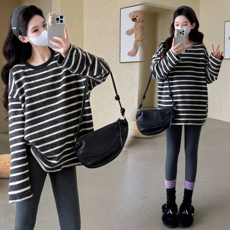 2025秋冬新款打底外穿T恤百搭条纹磨毛宽松慵懒风遮肚孕妇装上衣