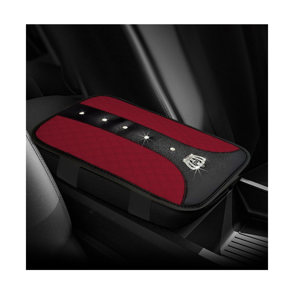 Car armrest box cushion, crown leather studded armrest box pad, armrest cover, three-dimensional quilted embroidery car interior accessory