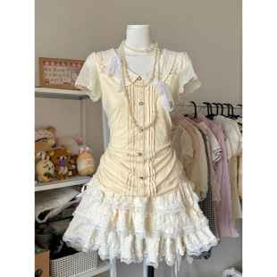 夏季日系古早vintage蕾絲花邊襯衫蓬蓬短裙顯瘦兩件套