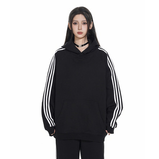 外贸批发2026美式潮牌重磅420g加绒秋冬美式复古三条杠连帽男女情