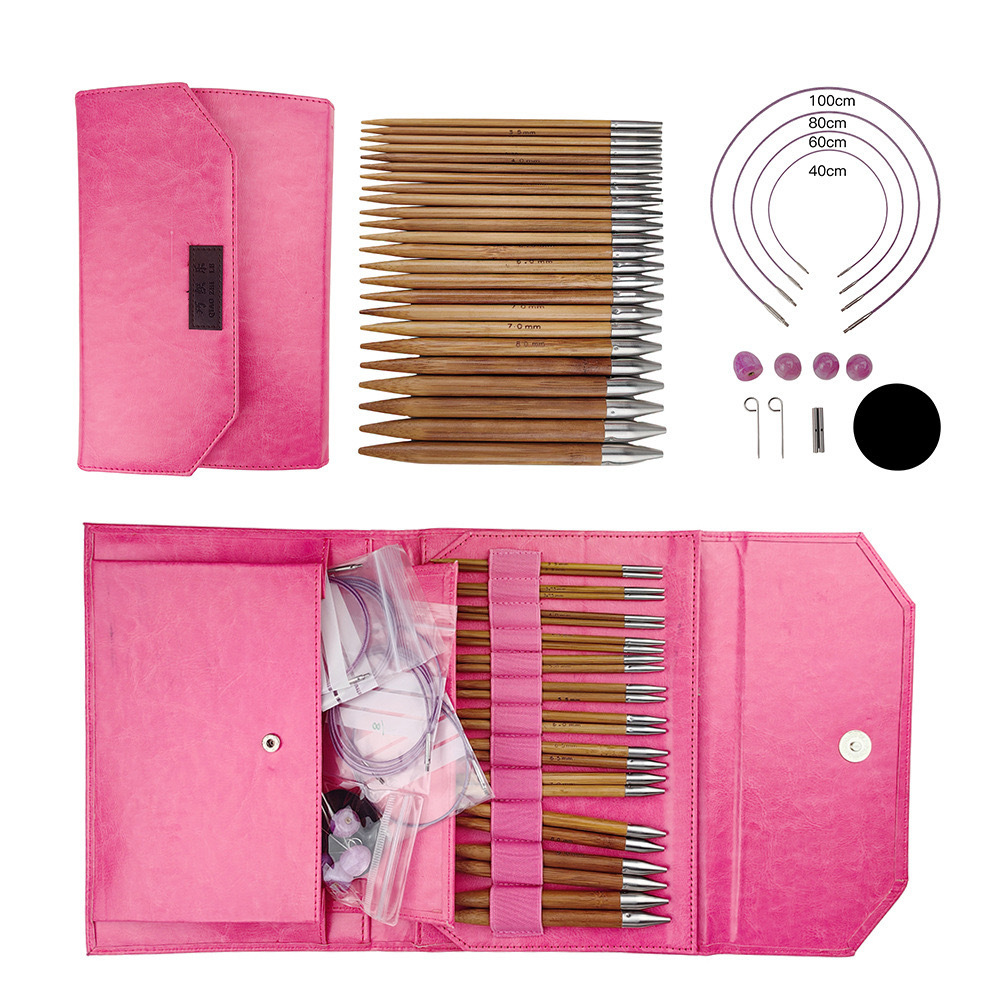 El conjunto de aguja de anillo desmontable cambia la cuerda colorida varilla de tejido aguja alargada pu herramienta de tejido carbonizada aguja de bambú anillo
