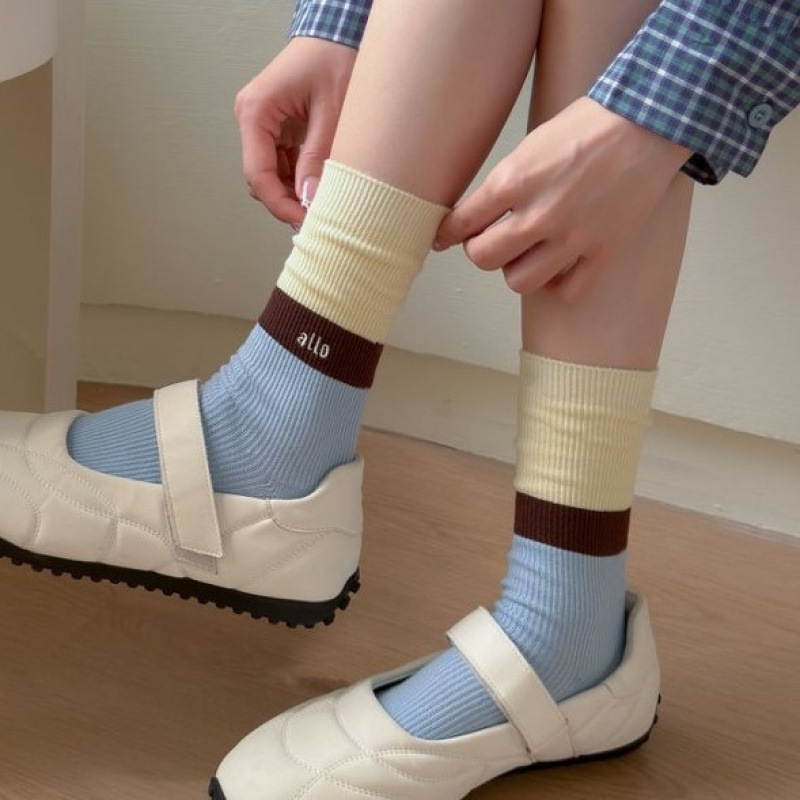 Mekki Women's Socks Korean Style Spring Double-Needle Mid-Tube Socks Color-Blocking Letter Socks Trendy Casual Slouch Cotton Socks Mekki Women's Socks Korean Style Spring Double-Needle Mid-Tube Socks Color-Blocking Letter Socks Trendy Casual Slouch Cotton Socks