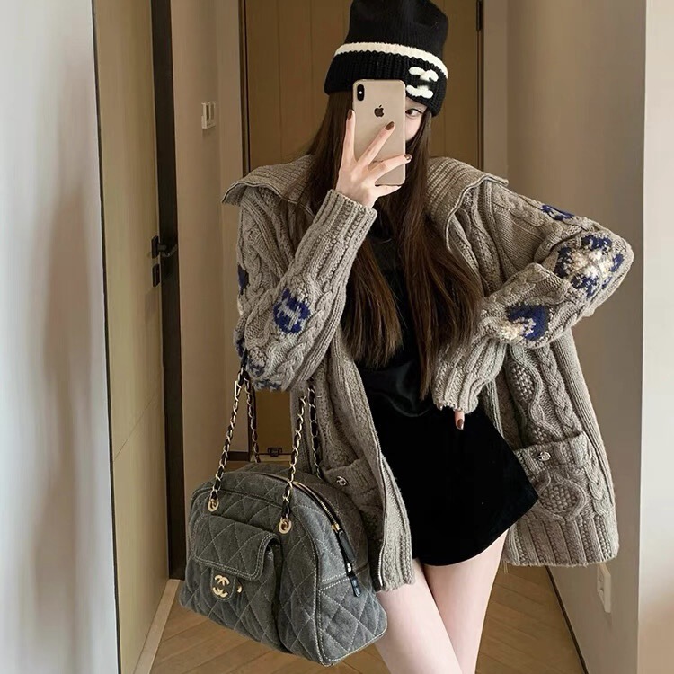 Chanel Style Ski Double Zip Large Lassel Wool Jacket Classic Woven Twisted Retro Lazy Loose Cardigan