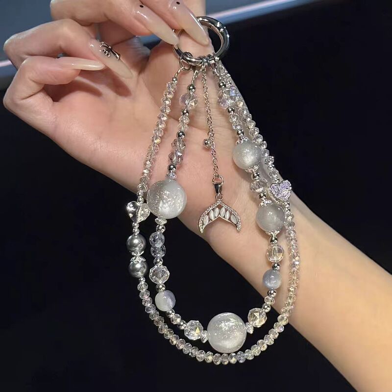 Niche Luxury Imitation Crystal Whale Tail Phone Lanyard Keychain Creative Exquisite Phone Chain Beaded Bag Pendant