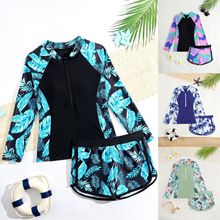 25亚马逊新款中大童游泳衣分体长袖两件套遮肚显泳帽冲浪潜水服