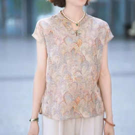 一件代发爆款2026夏季新中式国风立领盘扣印花短袖衬衫女显瘦上衣