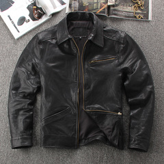 新商品の本革の服の男性の全植なめしの羊の皮は襟をひっくり返して身を修めるファスナーの機関車の皮のジャケットのカジュアルなコートを修理します。