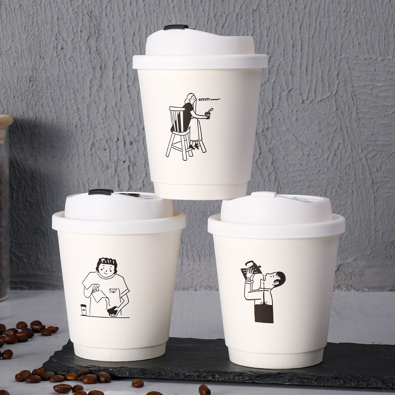 Coffee cup with lid, disposable milk tea cup, double-layer takeout Instagram-style self-made hot drink hollow paper cup
