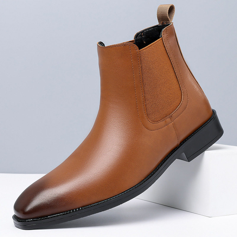 Giày bốt Martin nam cổ cao da lì, kiểu Chelsea đế thấp, mang xỏ chân — Da nâu, Da đen