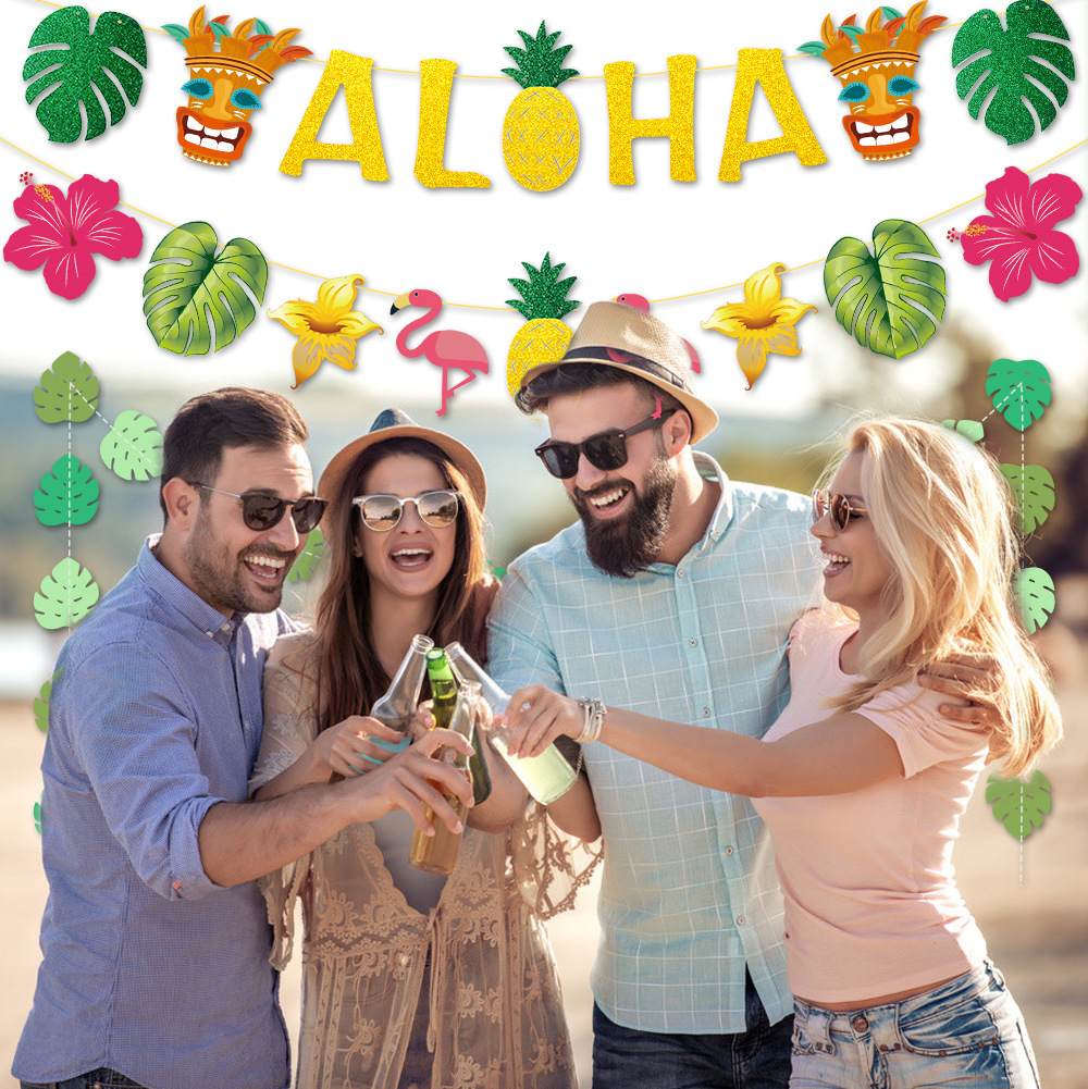 Amazon Hawaii Decoración de cumpleaños ALOHA tire bandera llama pájaro hoja tire flor colgante hoja tropical colgante
