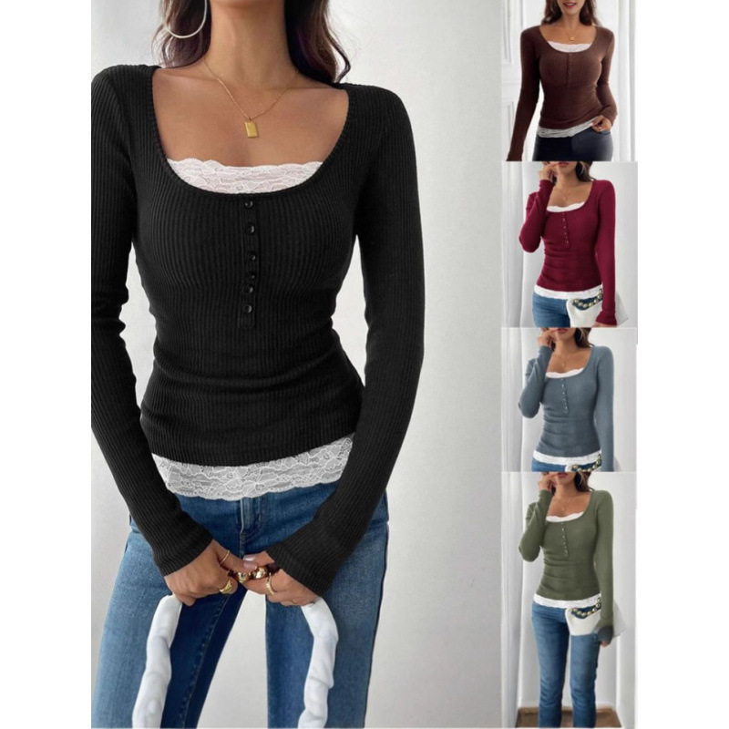 2026 Autumn New Amazon Aliexpress Cross-Border European and American Lace Long Sleeve Patchwork Women's T-Shirt Top 2026 Autumn New Amazon Aliexpress Cross-Border European and American Lace Long Sleeve Patchwork Women's T-Shirt Top