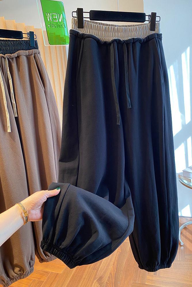 特大码300斤春秋小众撞色松紧腰休闲卫裤女胖mm宽松哈伦束脚长裤