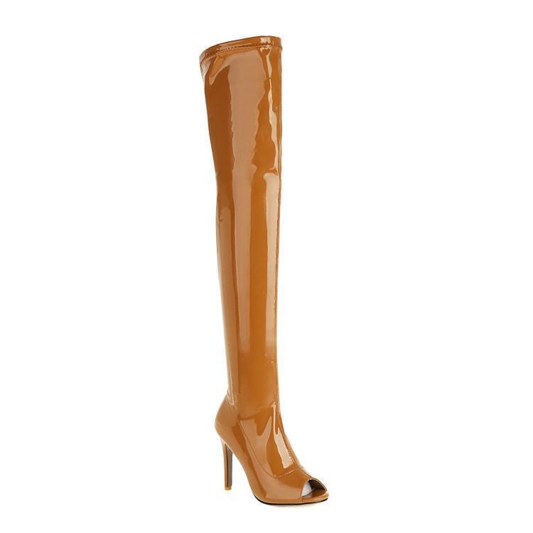 Fish Mouth Patent Leather Over-the-knee Boots Sexy Boots Women's Summer Nightclub Heel Boots Pole Dance High Heels Large Size