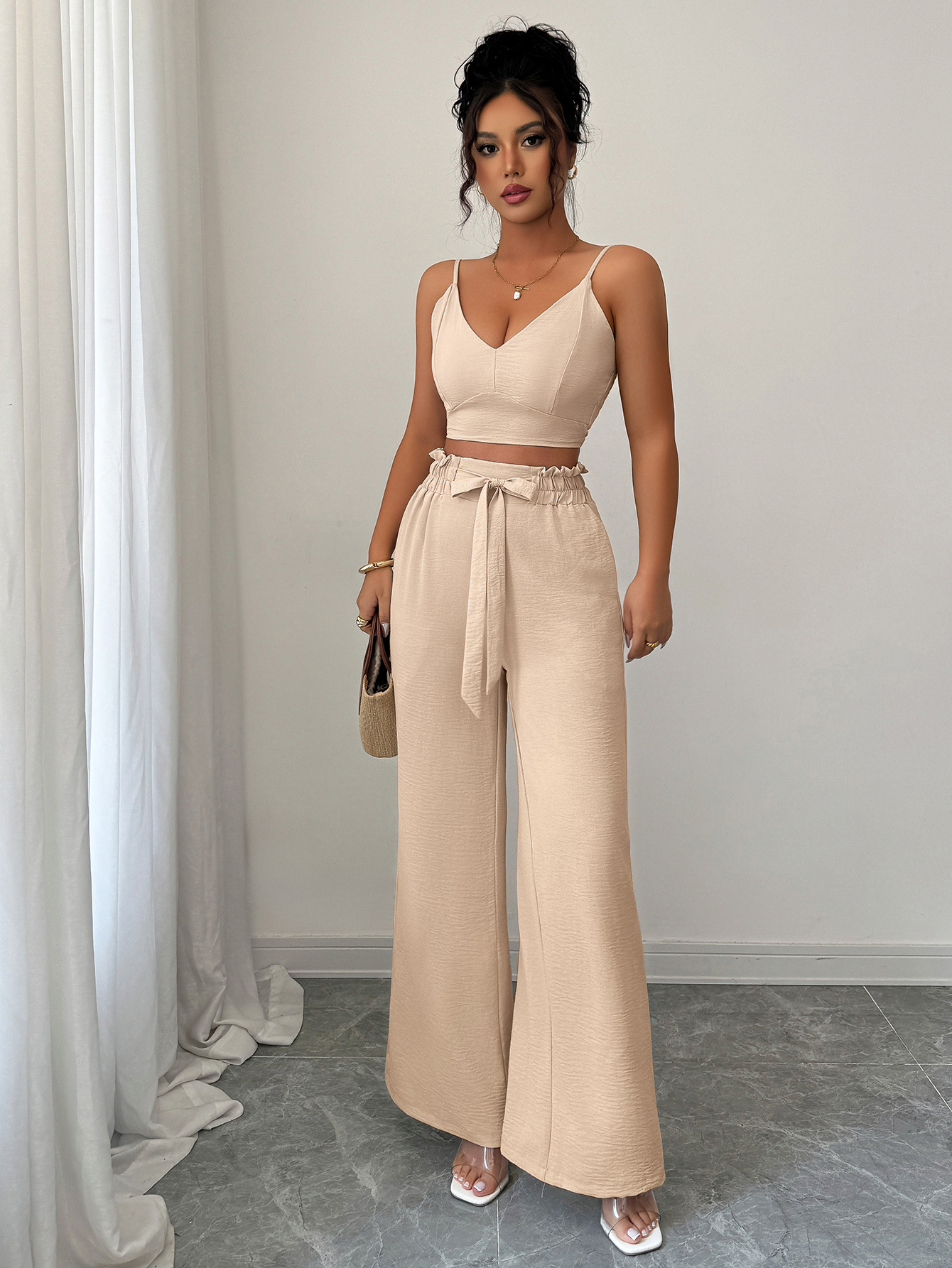 364g Weight Sleeveless Sleeve Length Polyester Fabric Type Pant Co-ord Set Sets Type 2 Pieces Set Quantity Casual, Daily Occasion Strap Neckline Slim, Loose Fit Type Solid Color Pattern Summer Season Women's Gender Casual, Sexy Style Casual Daily Women's Casual Sexy Solid Color Polyester Pant Co-ord Set Pants Sets 无