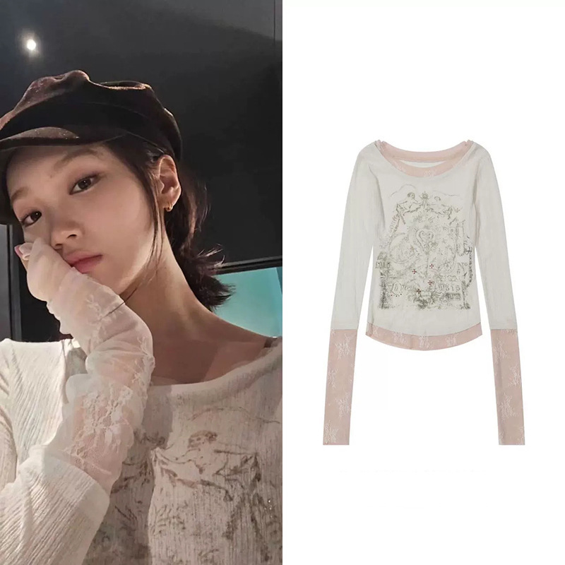 In Stock: Jincai Yuan's Same Style Rhinestone Textured Pleated Digital Print Lace Patchwork Slim-Fit Long-Sleeve T-Shirt In Stock: Jincai Yuan's Same Style Rhinestone Textured Pleated Digital Print Lace Patchwork Slim-Fit Long-Sleeve T-Shirt