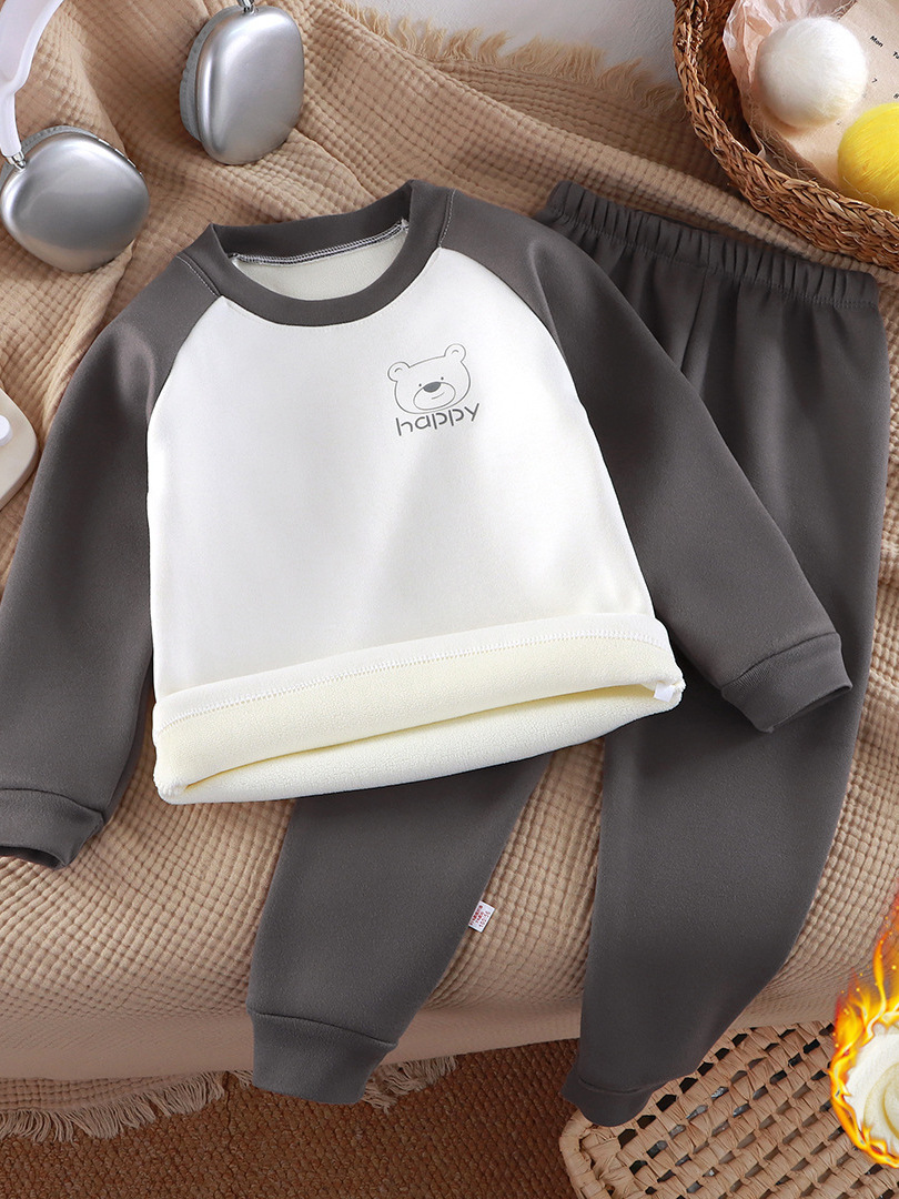 Nuevo conjunto de terciopelo para niños otoño y invierno grueso ropa interior caliente para niños y niñas enchufado manga de hombro para bebés de dos piezas