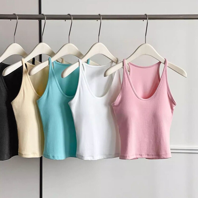 French-Style Halter Neck Racerback Tank Top in Candy Colors with Ribbed Cotton Latex Padding, Slim Fit, Suitable for Wearing Inside or Outside, with a Beautiful Back Design for Women