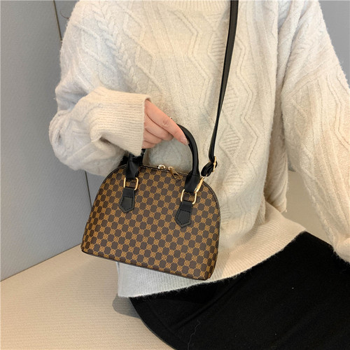 Early Spring  New Retro Texture Handheld Shell Bag Stylish Solid Color Minimalist Checkered Fashion Shoulder Bag
