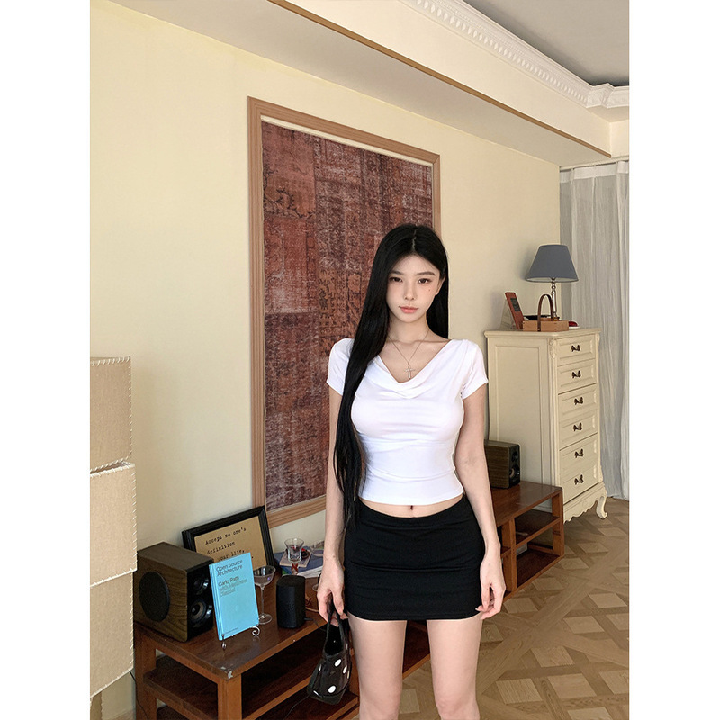 设计感一字肩荡领修身显瘦短袖T恤女2025南油春夏新款辣妹上衣潮|undefined