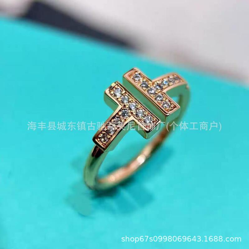 T家高版本V金白贝母双T开口戒指镀18K玫瑰金色满钻指环对版不掉色|undefined