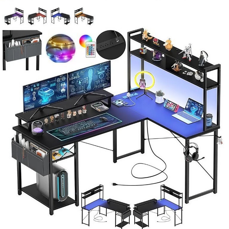 Corner Desk with Storage Bag, Gaming Desk with Led Lights and Power Outlets, Reversible, Direct Sales from Cross-Border Manufacturers Corner Desk with Storage Bag, Gaming Desk with Led Lights and Power Outlets, Reversible, Direct Sales from Cross-Border Manufacturers