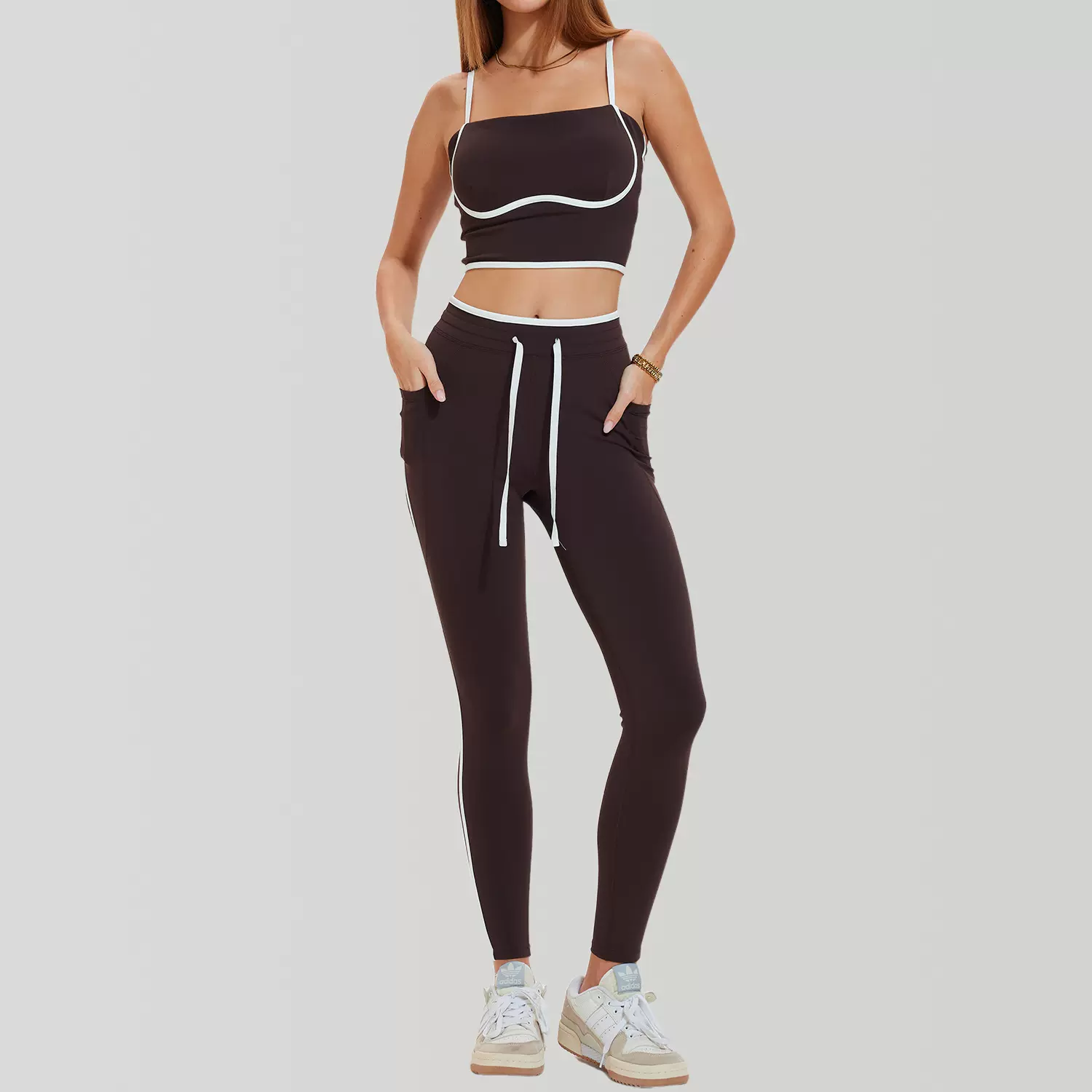 欧美跨境运动套装女裸感磨毛健身服高腰提臀紧身跑步瑜伽服套装