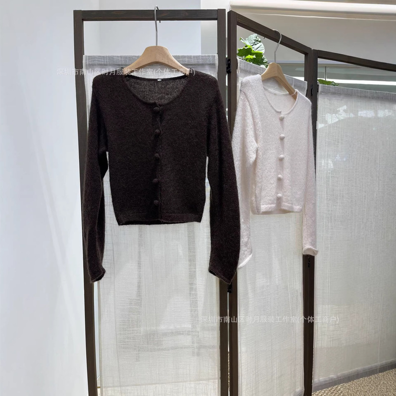 Niche Minimalist Danish Bmb Wool and Mohair Blend Round-Neck Short Handmade Crochet Button Knit Cardigan