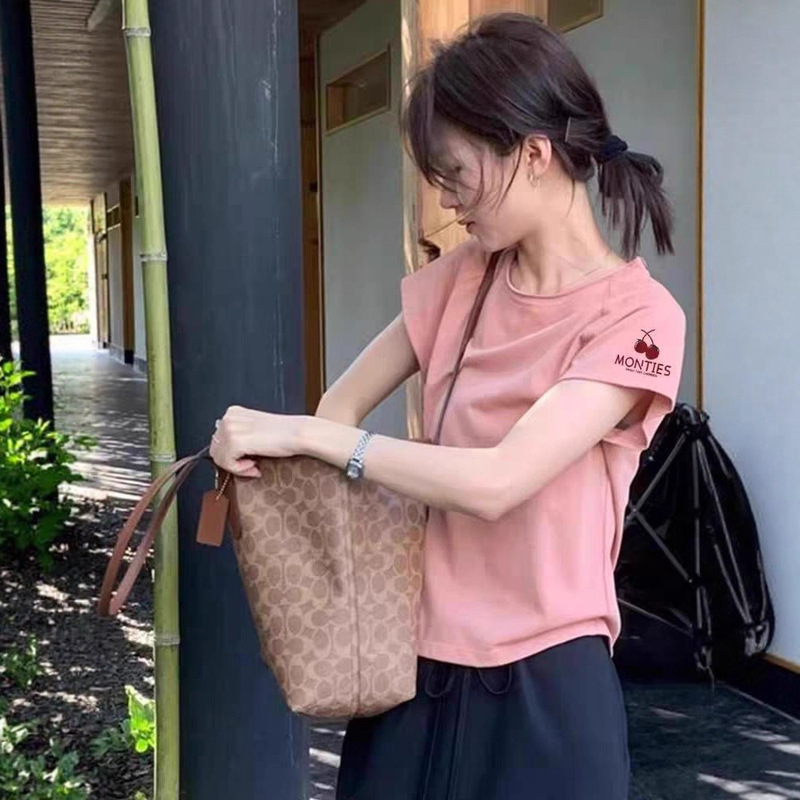 Pink Right Shoulder Round Neck Raglan Short-Sleeved T-Shirt for Women Summer New Dopamine Unique Beautiful Top