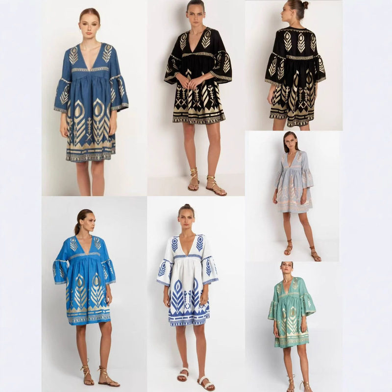 in stock 2025 spring new European and American cross-border women's fashion printed V-neck Bohemian holiday dress