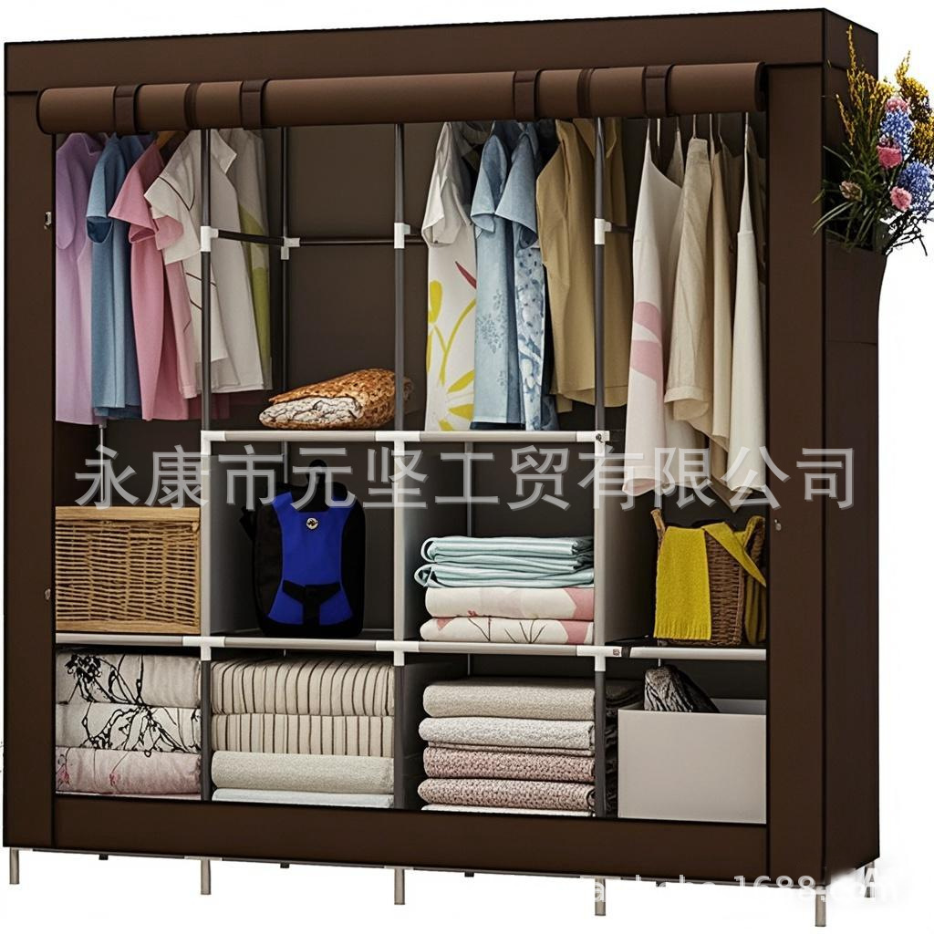 Armario de tela simple, armario de almacenamiento, armario a prueba de polvo, dormitorio, marco de acero, combinación de refuerzo, armario de estudiantes de alquiler al por mayor