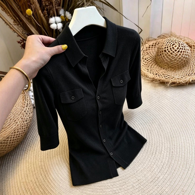 Summer Gentle Commuter Style Lapel Cardigan with Pockets, Knitted Half-Sleeve Top for Women Summer Gentle Commuter Style Lapel Cardigan with Pockets, Knitted Half-Sleeve Top for Women