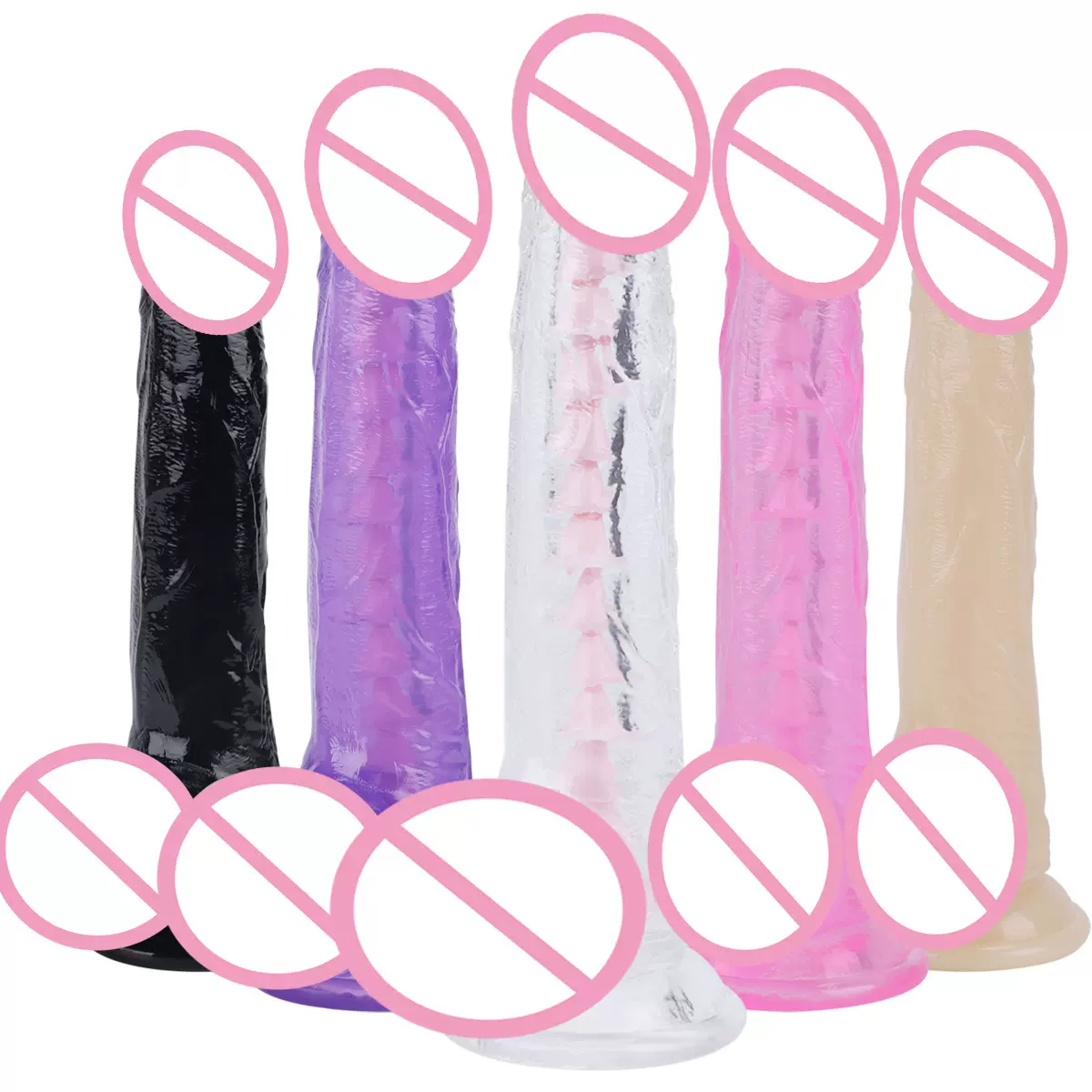 久夕透明五色水晶彩色仿真龙骨阳具女用吸盘器具成人用品厂家TPE