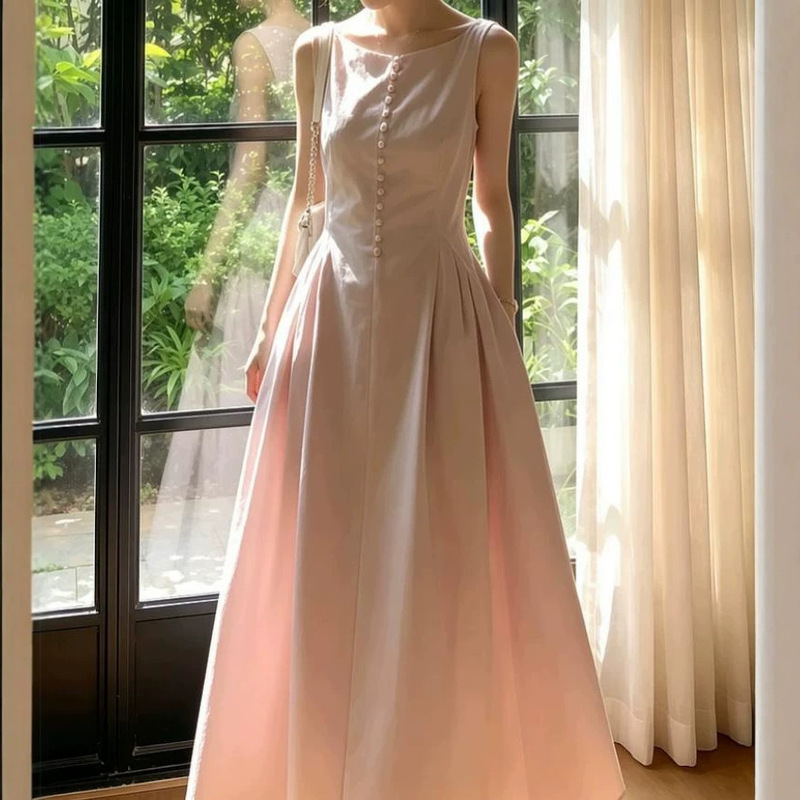 Short and Stylish French-Style Pink Sleeveless Dress for Women, Unique and Beautiful with a High-End Feel, A-Line Long Dress for Early Summer Short and Stylish French-Style Pink Sleeveless Dress for Women, Unique and Beautiful with a High-End Feel, A-Line Long Dress for Early Summer