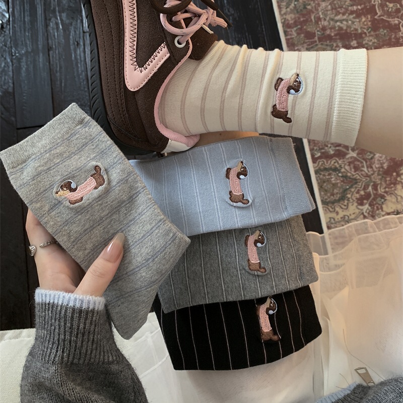 New Embroidered Dachshund Korean Style Mid-Tube Thin Cotton Socks with Thin Stripes Dachshund Basic Versatile Cotton Socks Ins Style