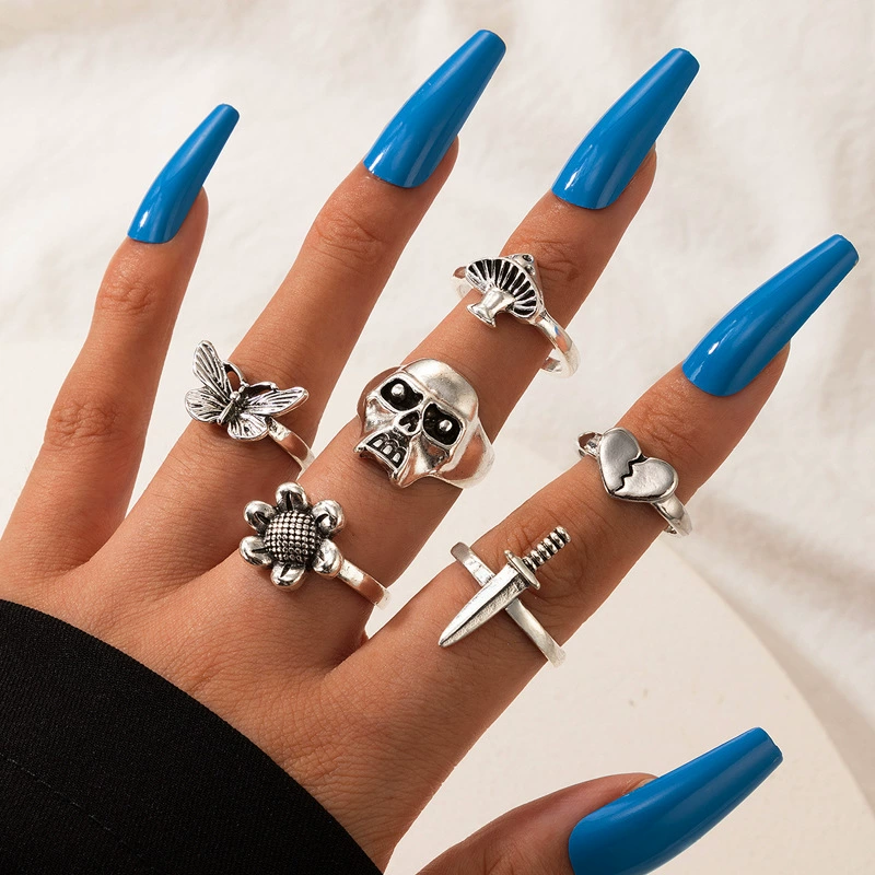 Ring Set, Retro Ethnic Style, 7-Piece European-Inspired Silver-Tone Stackable Rings