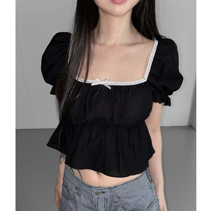 Korean Ins Summer New Arrivals Sweet Slim-Fit Puff Sleeve Bow Short Blouse Lace Shirt Top for Girls