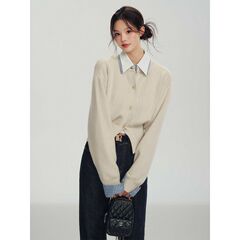 韩系温柔风撞色假两件衬衫领针织开衫女冬收腰显瘦内搭针织衫上衣