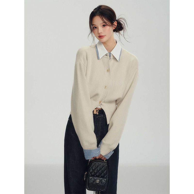 Korean Style Gentle Style Contrasting Fake Two-Piece Shirt Collar Knitted Cardigan for Women Winter Waist Slimming Look Inner Knitted Knitwear Top