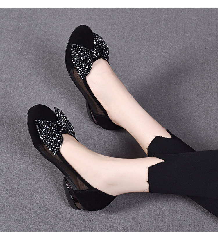 Sandal nữ đế bệt da thật mũi tròn gót vuông quai chữ V nơ bướm thoáng khí — Màu đen chi tiết 11
