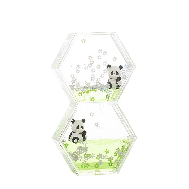 Acrílico transparente panda gota de aceite reloj de arena líquido botella de arena flotante regalo de cumpleaños para niños decoración de escritorio de oficina
