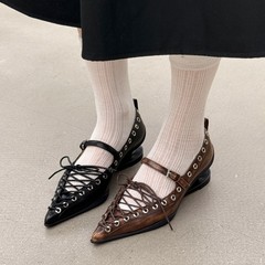 【现货】小众设计感尖头铆钉细带绑带蝴蝶结玛丽珍鞋异型跟女单鞋