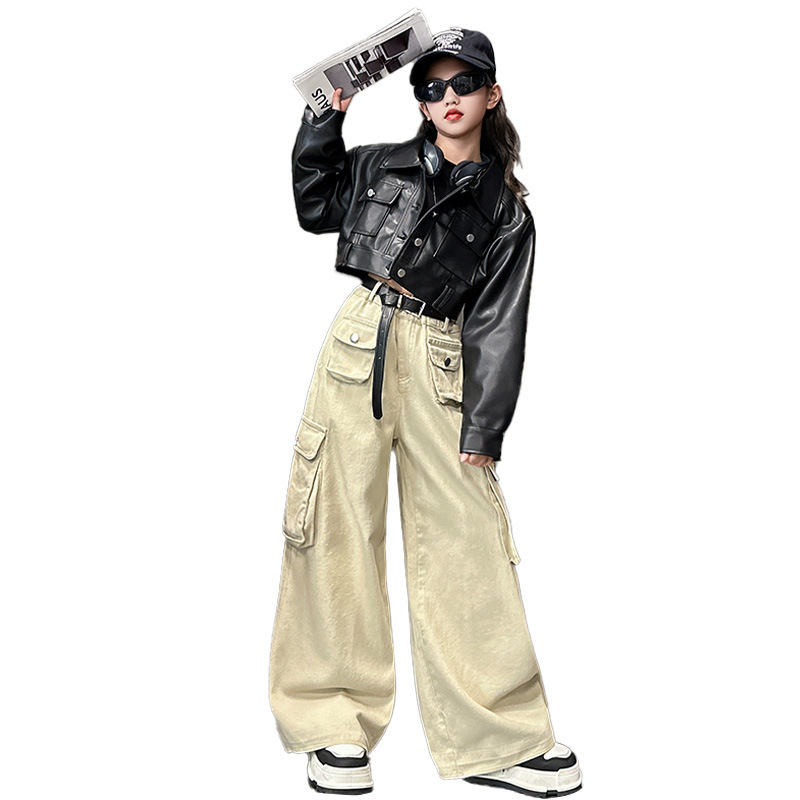 소녀 세트 가을 소녀 조수 쿨 짧은 버즈 세트 PU 가죽 자켓 오버롤 넓은 다리 바지 2 조각 세트 2024