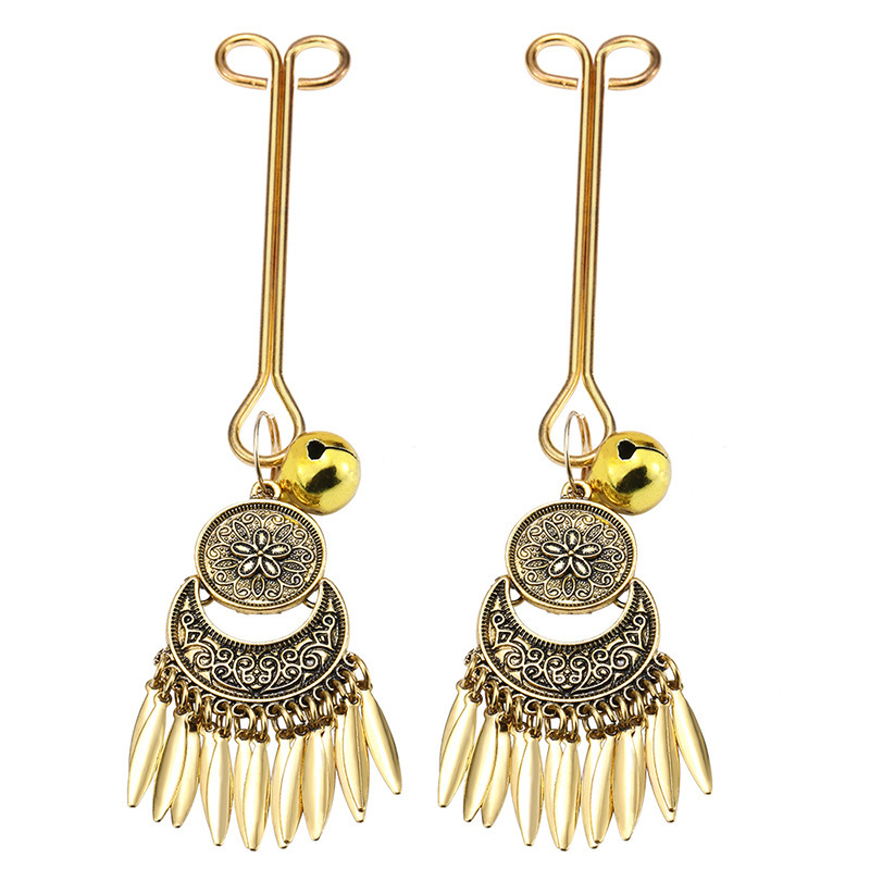Vintage Metal Nipple Clamps with Feather Tassels, Bohemian Style Pair — detail image 6