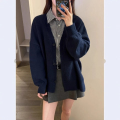 早秋冬新慵懒风宽松毛衣针织开衫衣外套女通勤学院风V领软糯上衣