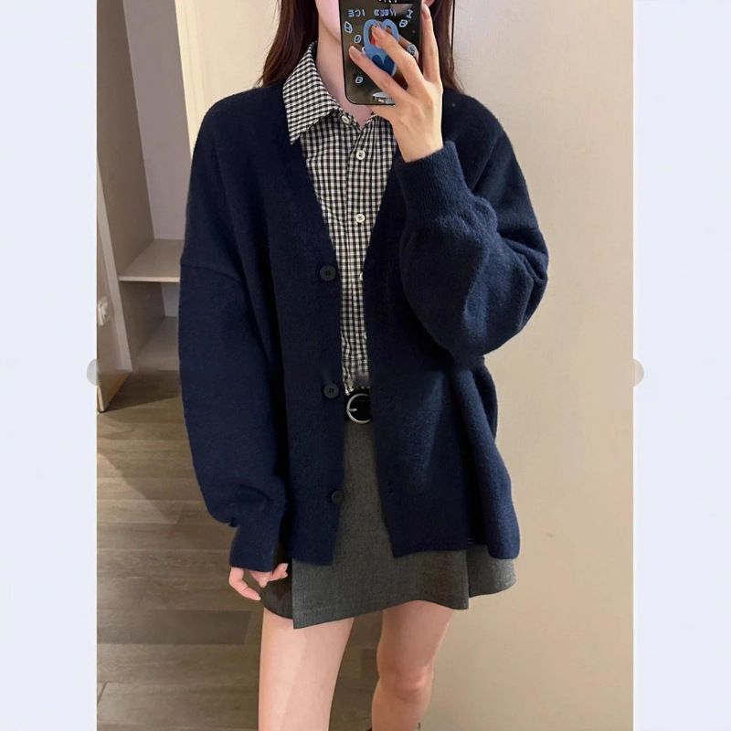 早秋冬新慵懒风宽松毛衣针织开衫衣外套女通勤学院风V领软糯上衣|undefined